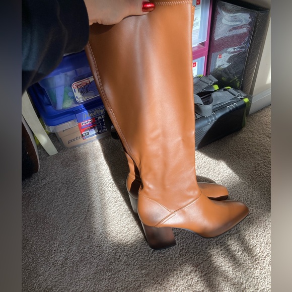 Shoes - NWT perfect fall brown chunky heel knee high faux leather boots